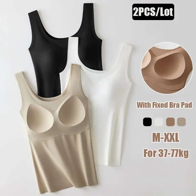 2PCS/Lot Silk Seamless Tank with Fixed Chest Pad Women's Camisole Top Sleeveless Inner Outerwear Camison Verano High Strecth