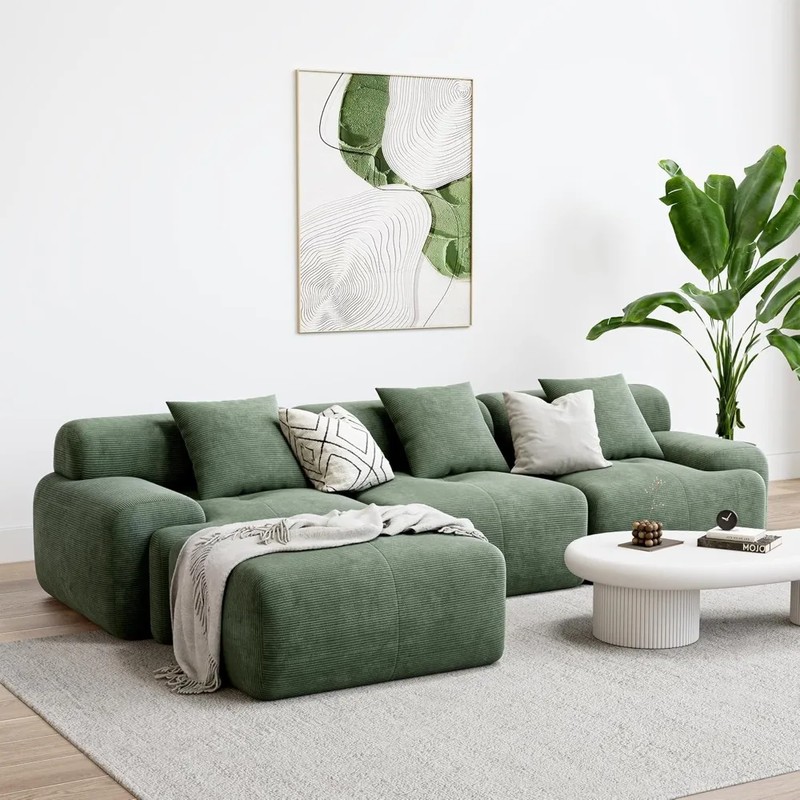 118" L-Shaped Modular Sectional Sofa, Corduroy Upholstery, Green, Oversized 3-Seater Couch with Deep Seating for Living Room