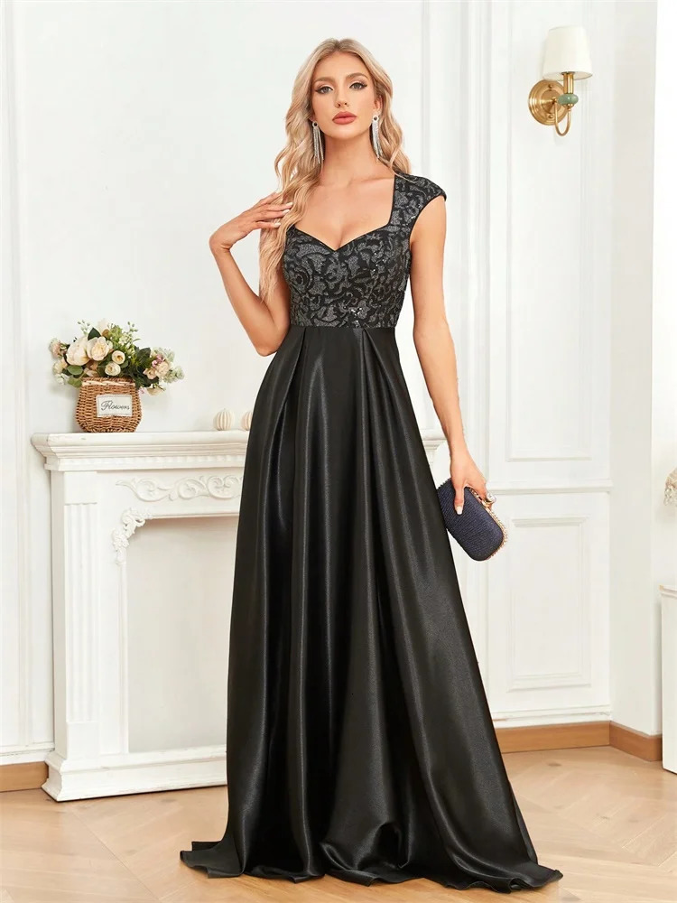 Elegant Sequins Black Formal Evening Dress For Women U-neck Satin Prom Floor Length Cocktail Party Dress 250520