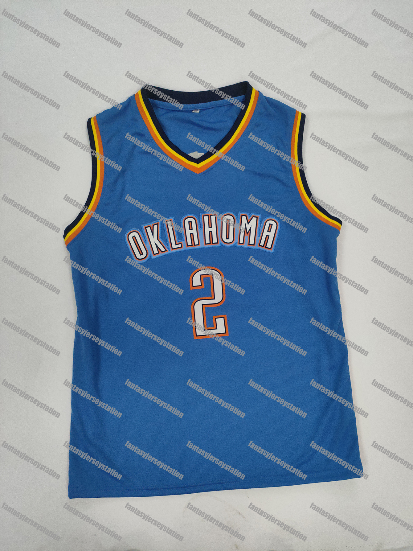 IN STOCK Mens Blue 2 OKC Basketball Jersey, Polyester Knit Fabric, V Neck, Loose Fit, Breathable Stitched Casual Sports Shirt for Training S-3XL