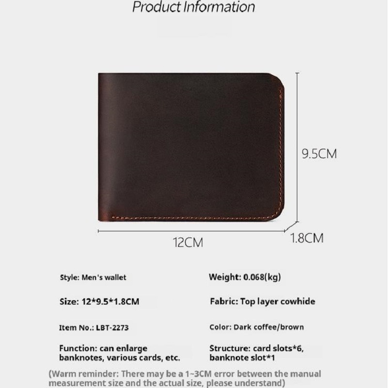 Genuine Leather Wallet For Men Slim Minimalist Design Card Holder Purse Vintage RFID Blocked Bifold Crazy Horse Leather Wallet