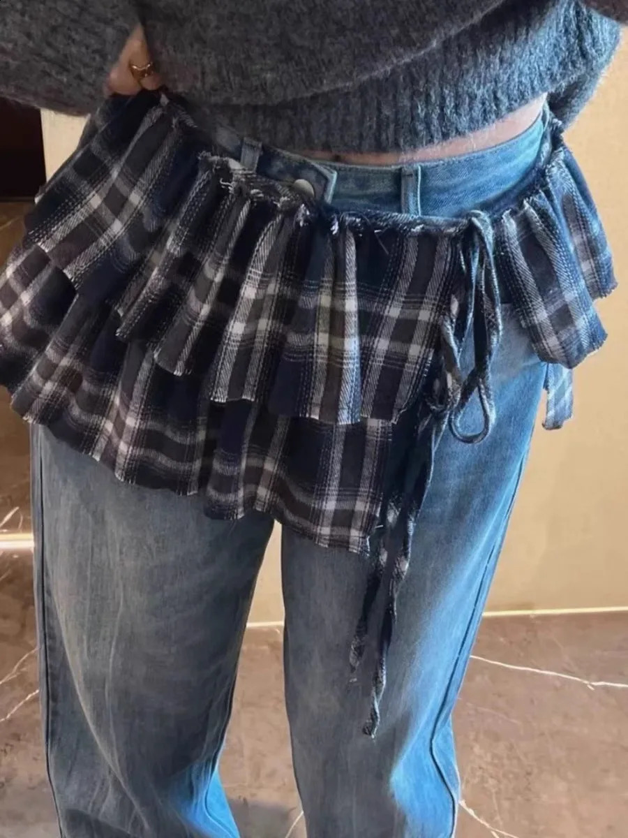 Double Layers Plaid Tassels Edge Mini Skirts With Lace Up Women High Waist ALine Skirt Korean Cotton Baking Cake 250513Z