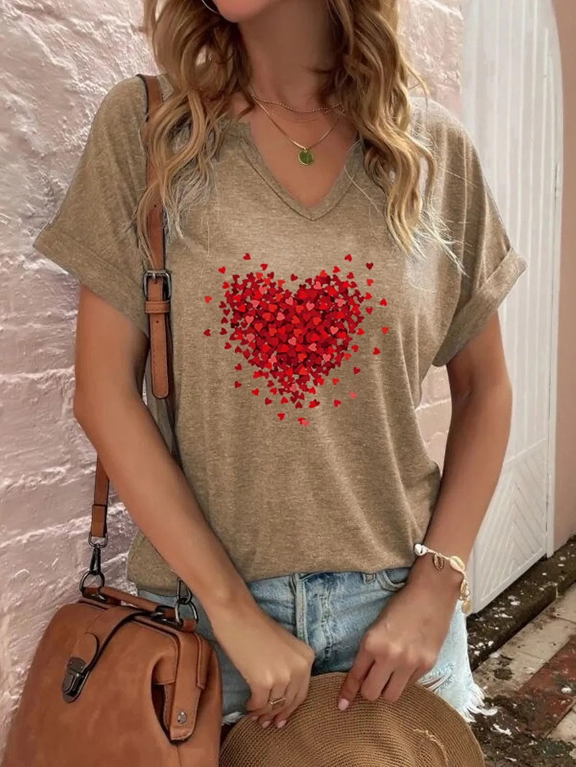 1PC Milk Silk European Style Womens Red Love Print V-neck T-shirt Blouse Short Sleeve 250517