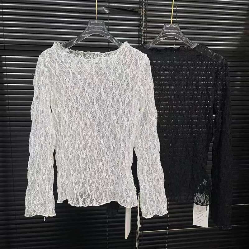 Fashion Lace Hollowed Out T-Shirt For Women Versatile Solid Color O-Neck Perspective Long Sleeve Tops Female New 11A03848