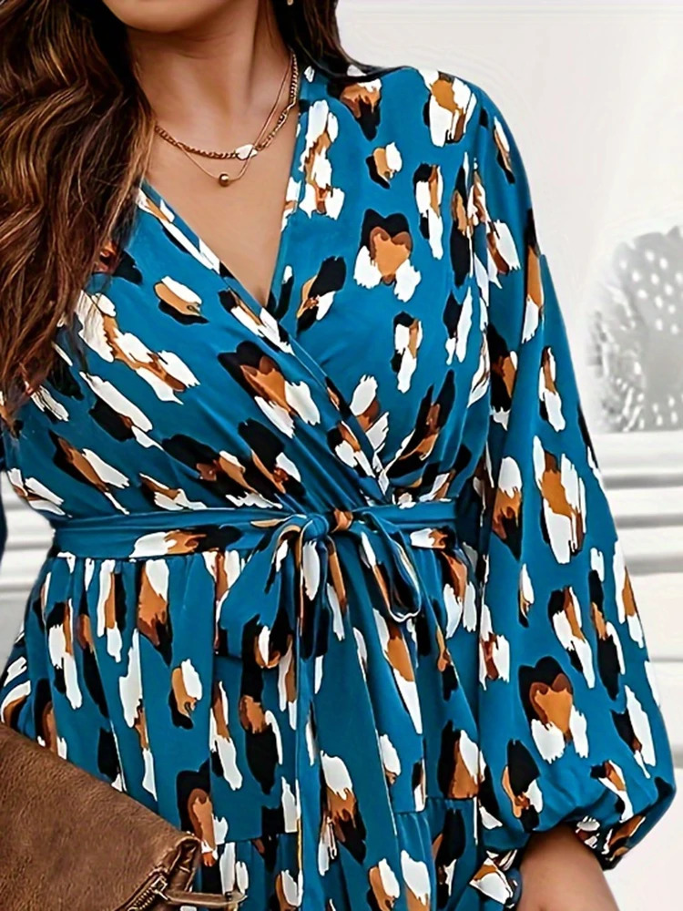 Womens Plus Size V-neck Long Sleeved Dress with Fashionable Printed Lantern Sleeves and Pleated Lace Up Casual Dress 250520