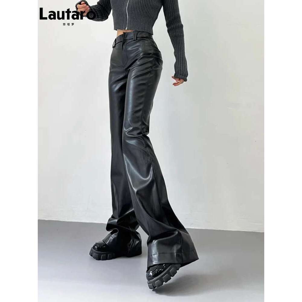Lautaro Spring Autumn Cool Casual Soft Black Pu Leather Floor Length Flare Pants For Women High Waist Korean Style Fashion 2023