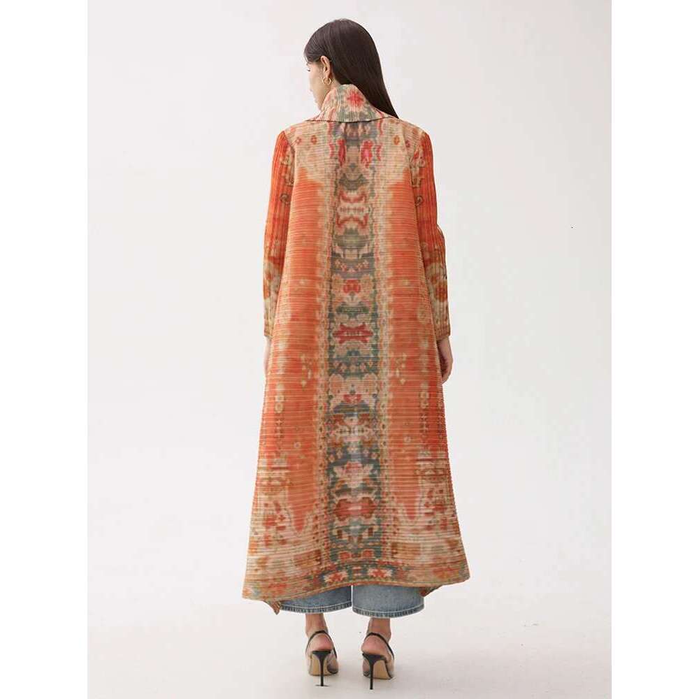 Miyake Pleated Vintage Printed Turn-down Collar Sleeve Long Jacket Women Designer Abaya New Dubai Fashion Plus Size Coats
