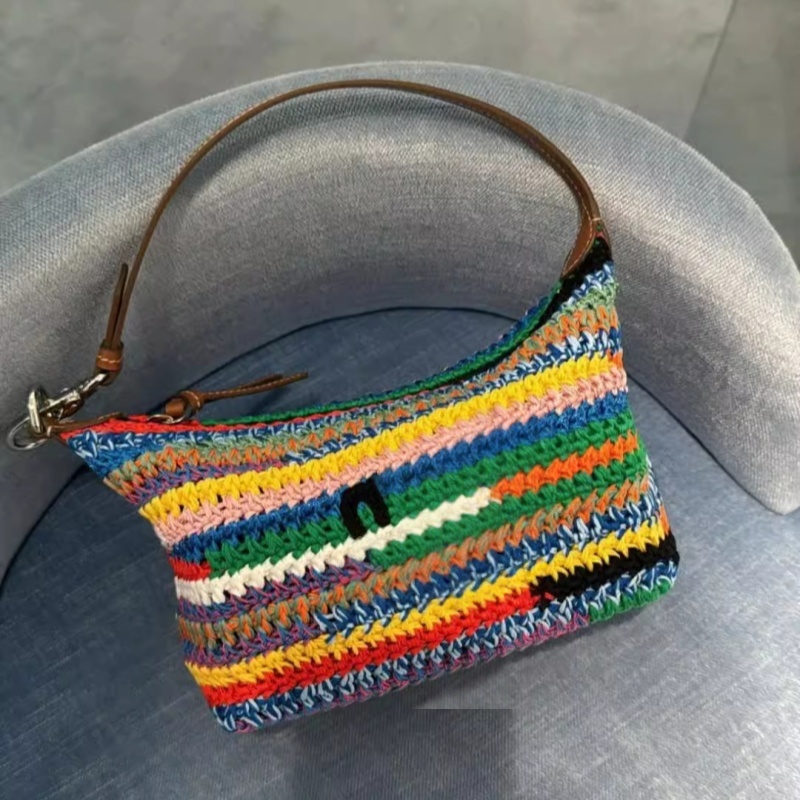 Dainty bags for women designer shoulder bag multicolor rainbow stripes underarm handbag wool thread crochet weaving purse xb226