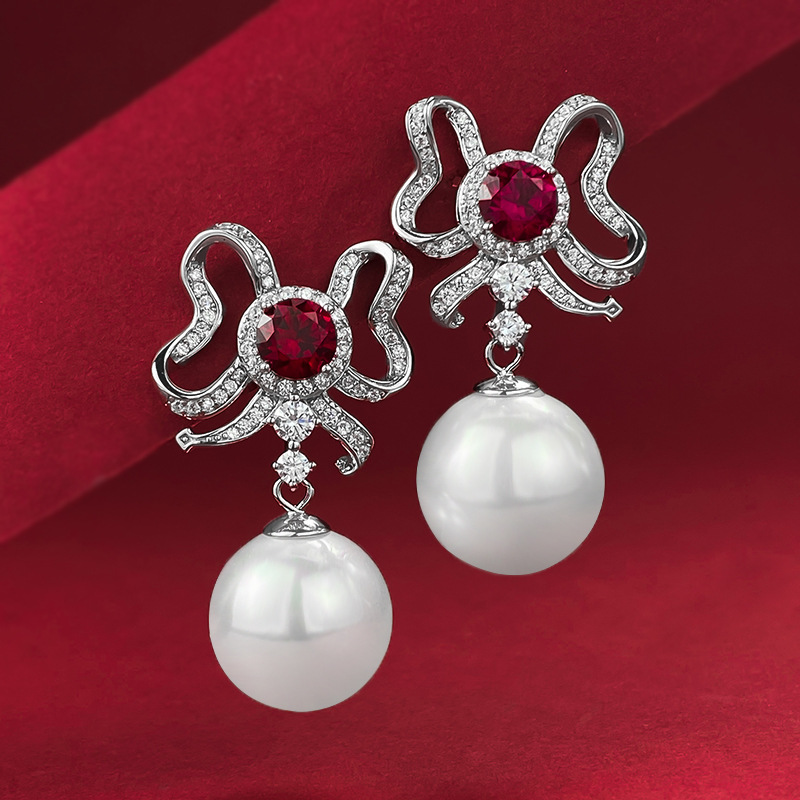 Elegant 925 Sterling Silver Butterfly Bow Earrings with Red and Blue Sapphires and 13mm Pearl Drop for Women