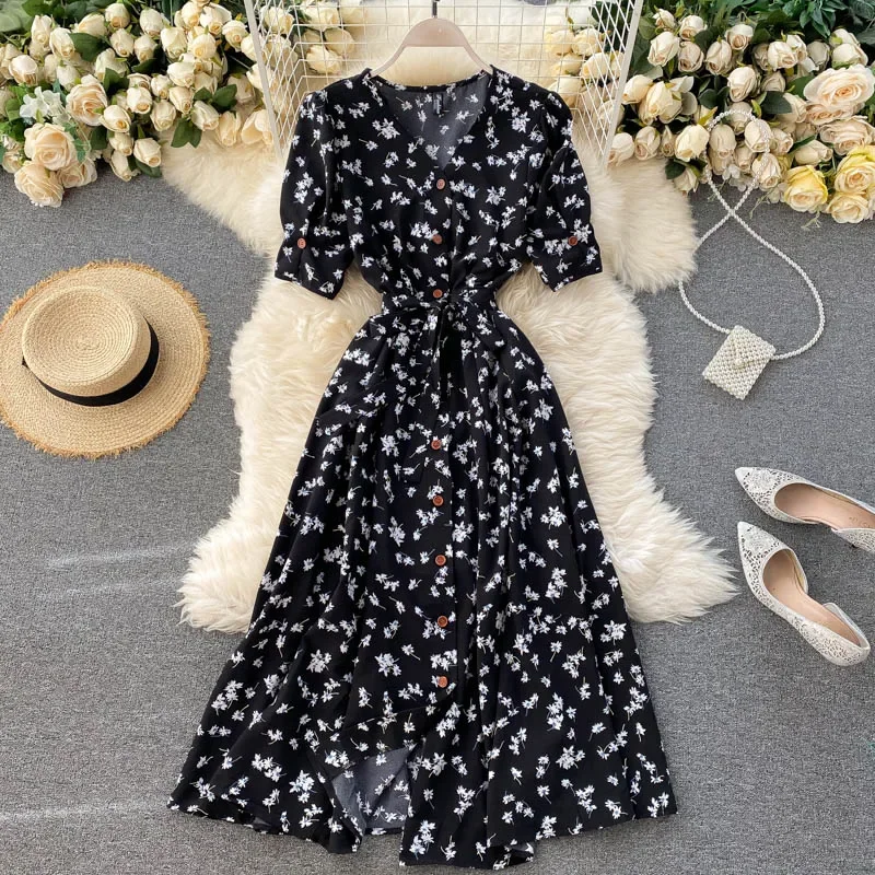 Silk Short Sleeve Dress Women's Waist Belt Slimming Youthful Large Swing Long Skirt V-neck Ankle-length Polyester Fiber