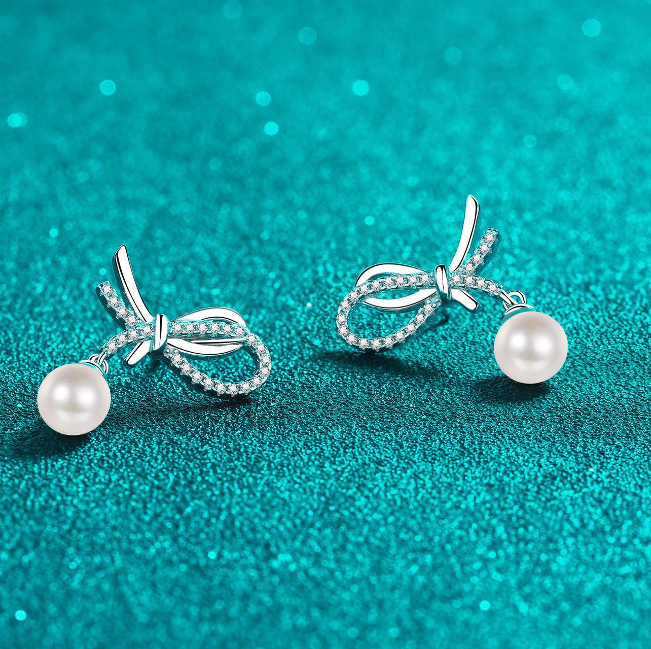 S925 Sterling Silver Moissanite & Pearl Earrings with Butterfly Knot Design - Elegant and Timeless Jewelry for Women