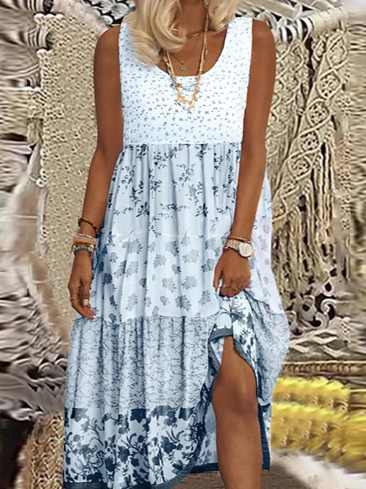 Plus Size Casual Womens Midi Dress Summer Floral Printed Sleeveless Flat Neck A-Line Bohemian Beach Dresses 250520