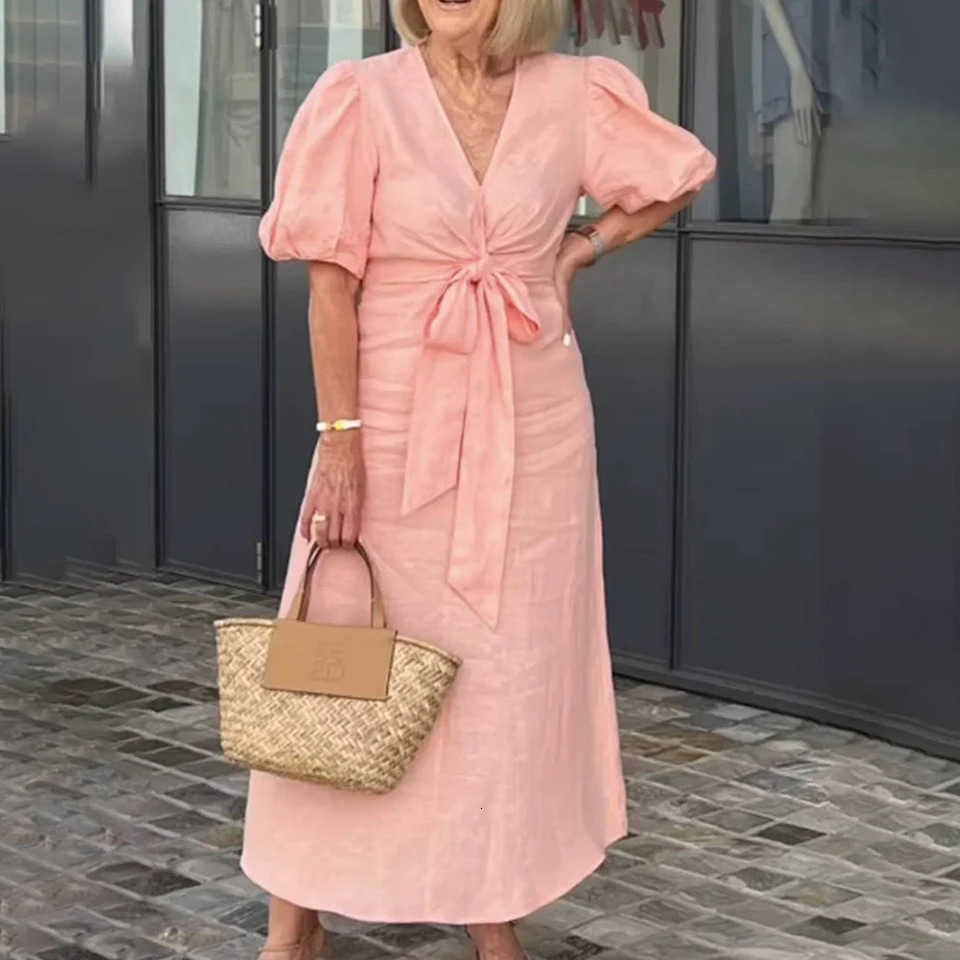 Plus Size Womens Solid Elegant V-Neck Lace-Up Puff Sleeve Maxi Dress Summer Casual Beach Sundress for Ladies XL 2XL 3XL 4XL 5XL 250520