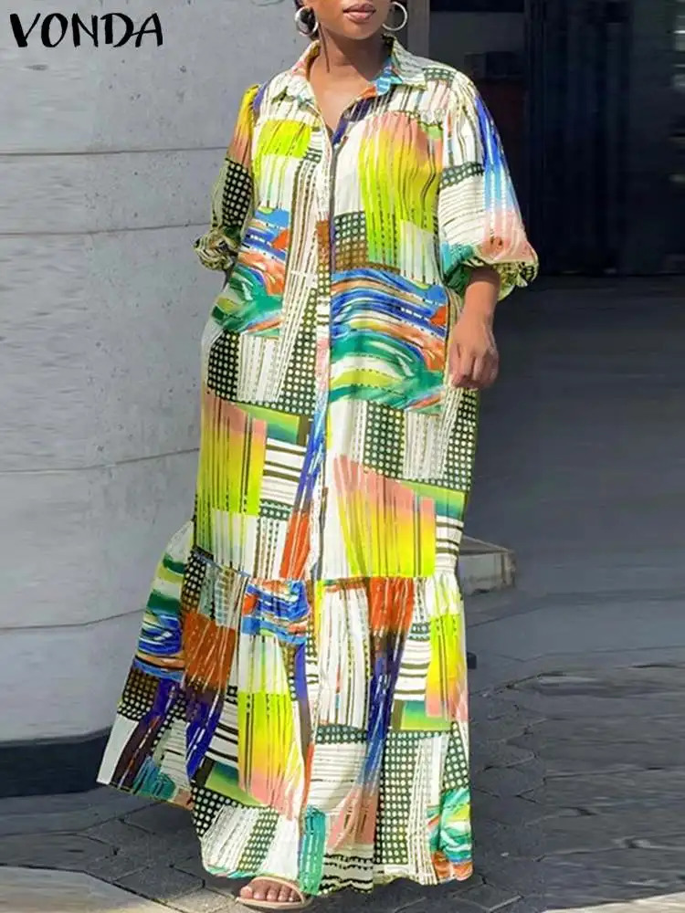 VONDA Plus Size Bohemian Printed Dress Autumn Women Elegant Long Sleeve Vintage Maxi Sundress Casual Buttons Loose Robe 5XL 250519