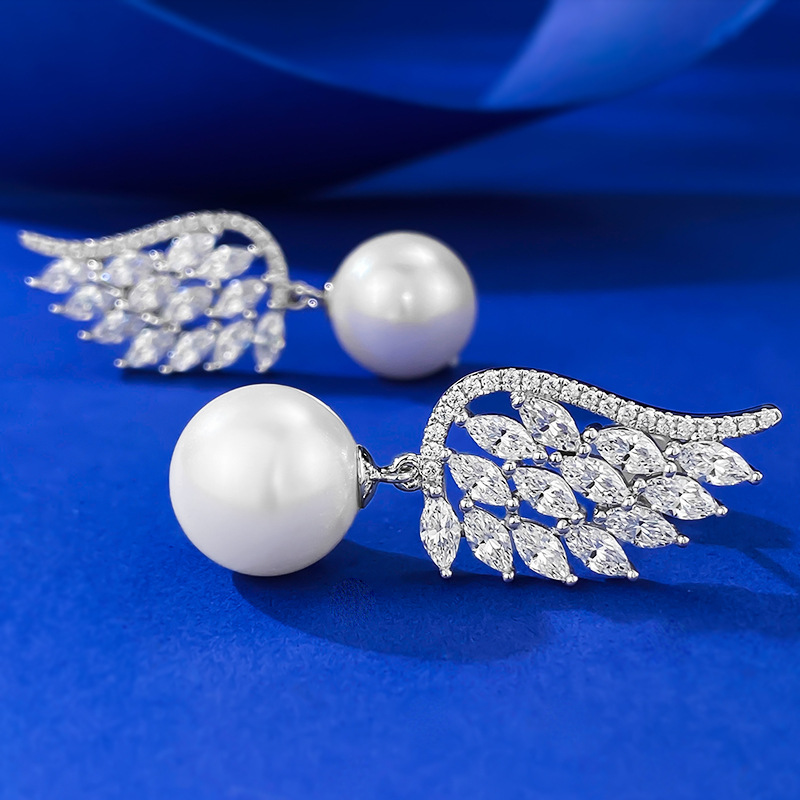 Elegant Sterling Silver Pearl Drop Earrings with Cubic Zirconia Leaf Design, Ideal for Weddings and Special Occasions