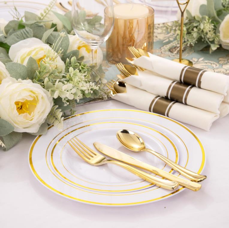 20PCS Plastic Dinnerware Set Guests Clear Gold Disposable Plates for Party Wedding Anniversary