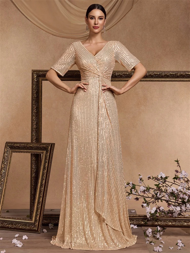 Floor Length V-Neck Evening Dress Women Elegant Party Maxi Sequin Short Sleeves Prom Cocktail Graduation Dress 250520