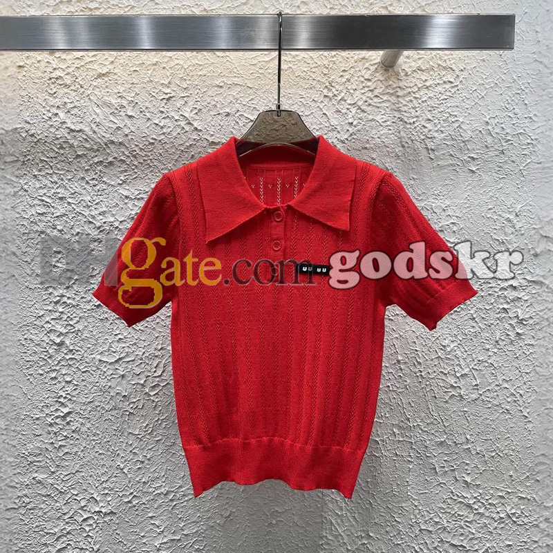 Designer Women Striped Polo Shirt Vintage Knitted Tops Casual Hollow Out Tees