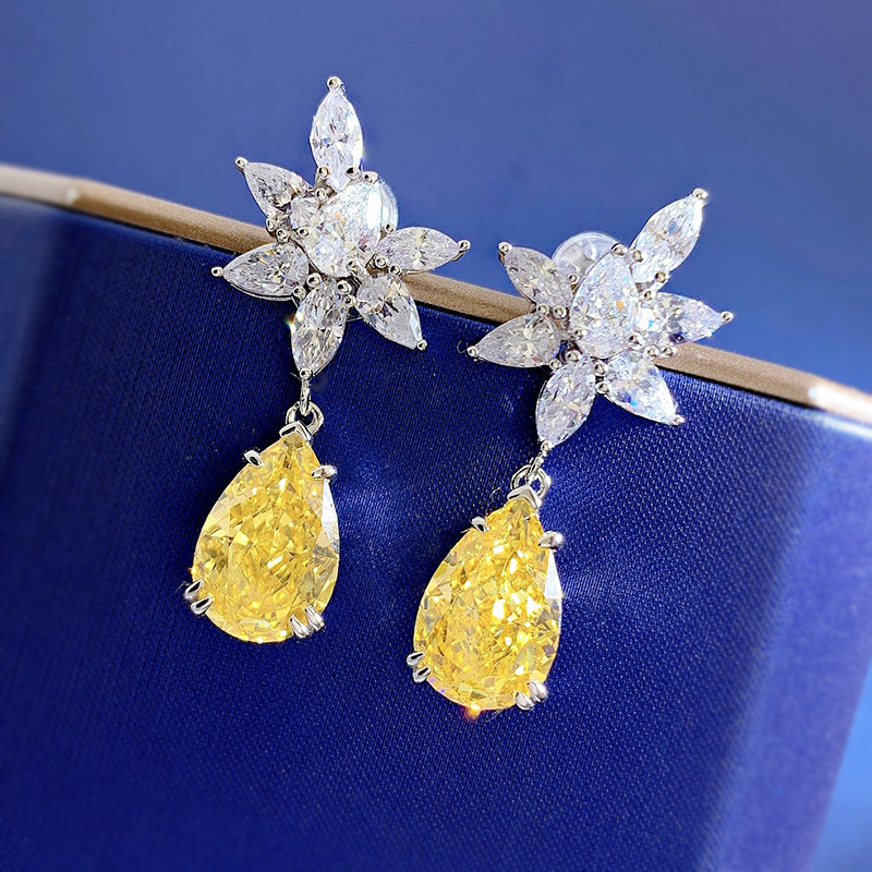 Exquisite S925 Sterling Silver Yellow Gemstone Drop Earrings with Zirconia, Elegant and Fashionable Jewelry