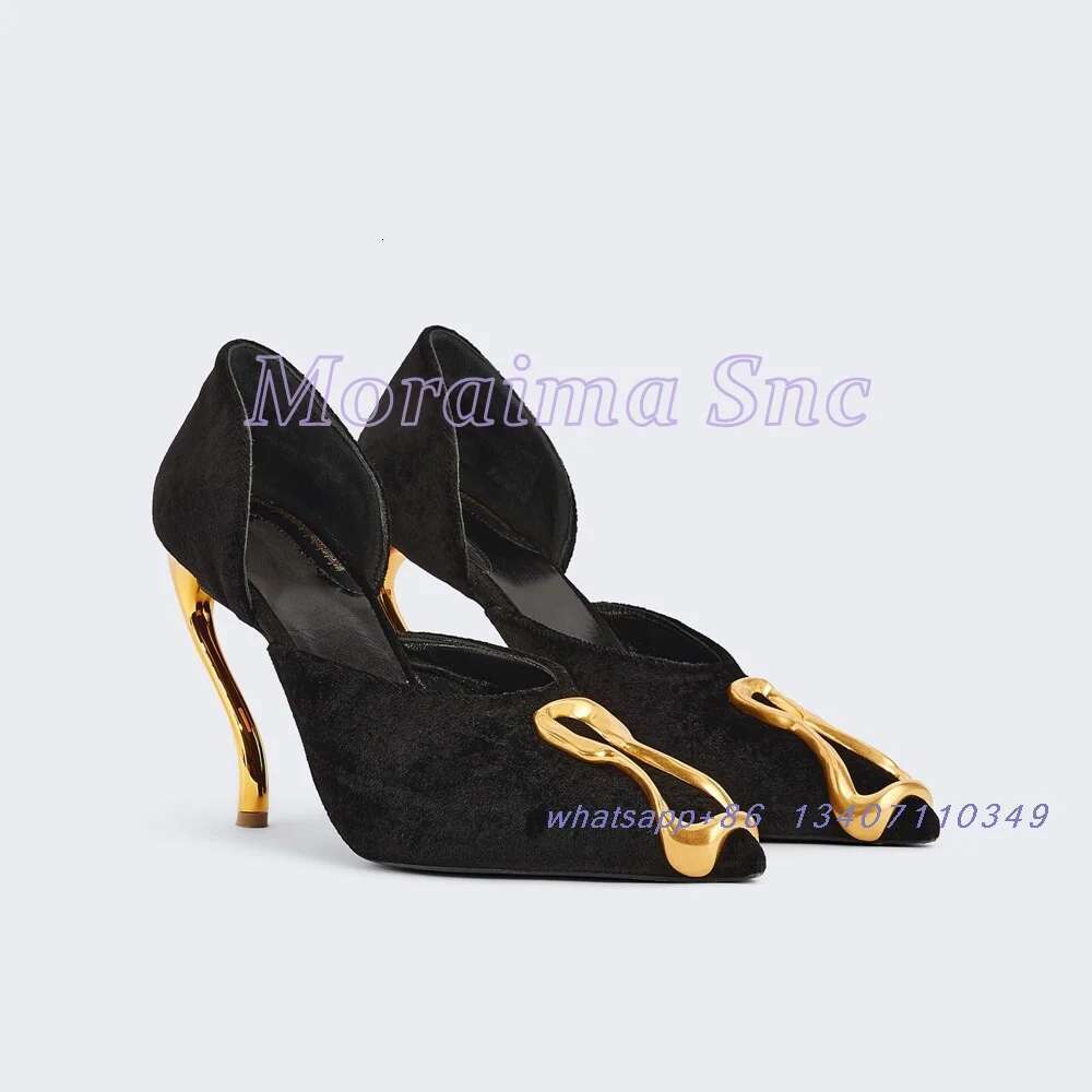 Metal Decor Pointed Toe Sandals Strange Heel Slip On Shallow Black Solid Sexy Fashion Women's Dress Shoes Banquet Party Runway