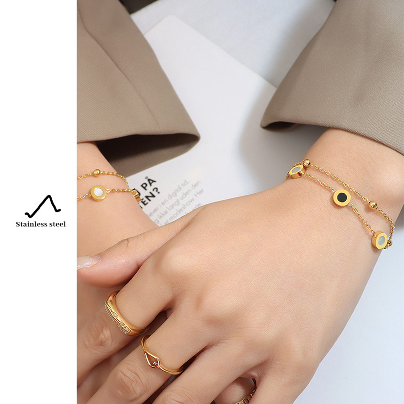 TUPMI 18K Gold Chain Bracelet for Women Girls Minimalist Stainless Steel Roman Style Cuban Chain Double Layer Link Bracelet Balance of Life Yin and Ya