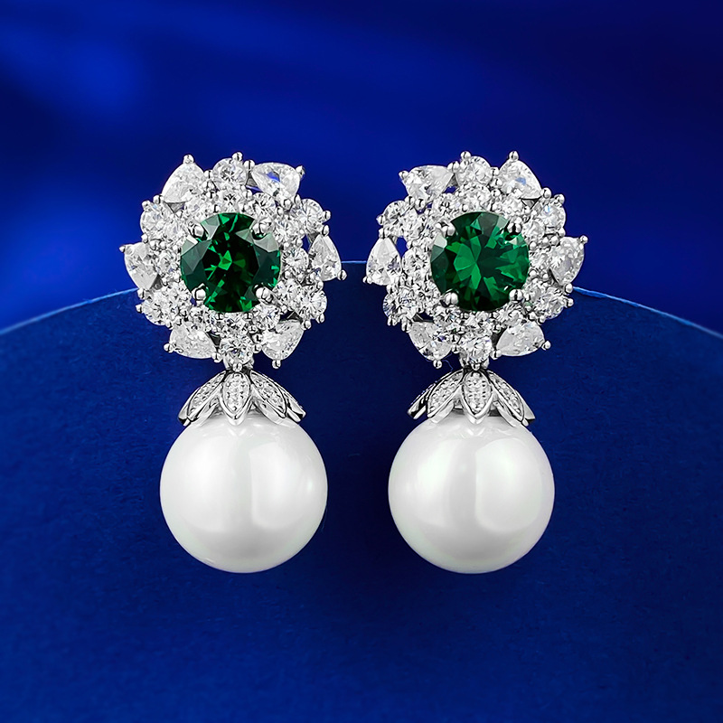 Elegant 925 Sterling Silver Synthetic Emerald & Pearl Stud Earrings - Timeless Luxury Design