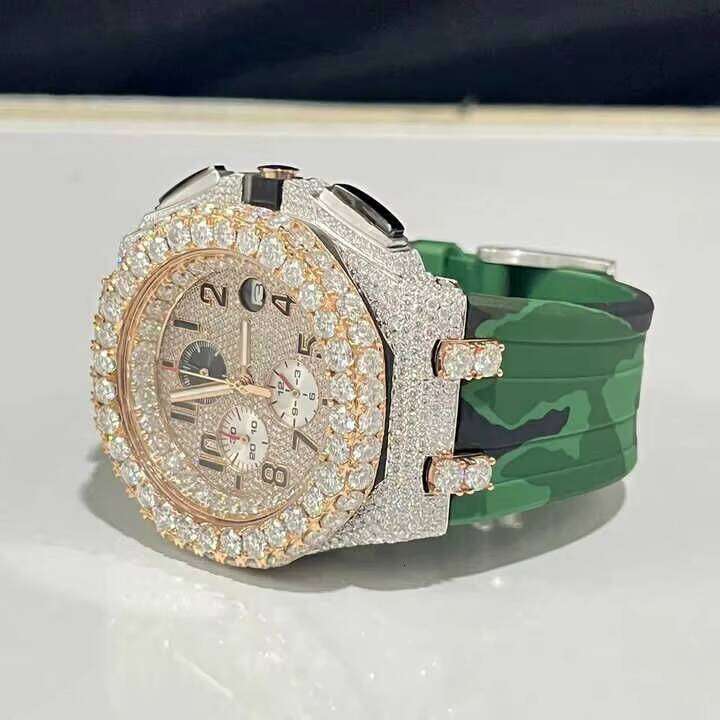 Luxury men's stainless steel timing hip-hop watch with diamond inlaid and stone fashionable design, glass dial, rubber