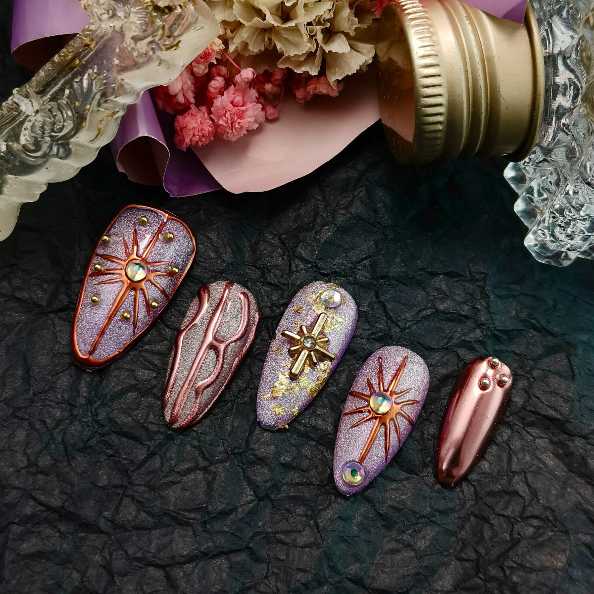 10pcs 3D Hand drawn Handmade Press-on nails Medium Almond Nails Bundle Celestial Collection 3D Stars Moon Finished nail stickers Free storage box jell