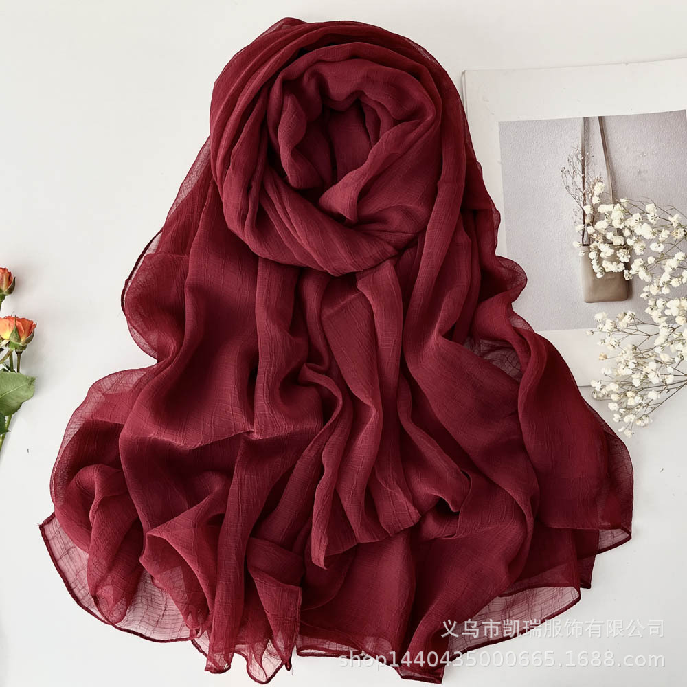 K787 Summer new pleated scarf women's super large sunscreen beach towel solid color soft retro slightly transparent skin-friendly shawl versatile