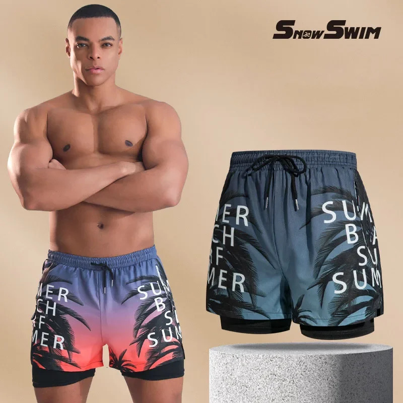 Doublelayer Swim Trunks for Men Boxer Shorts Antiembarrassment Lined with Professional Beach Pants Adult Gear 250516Z