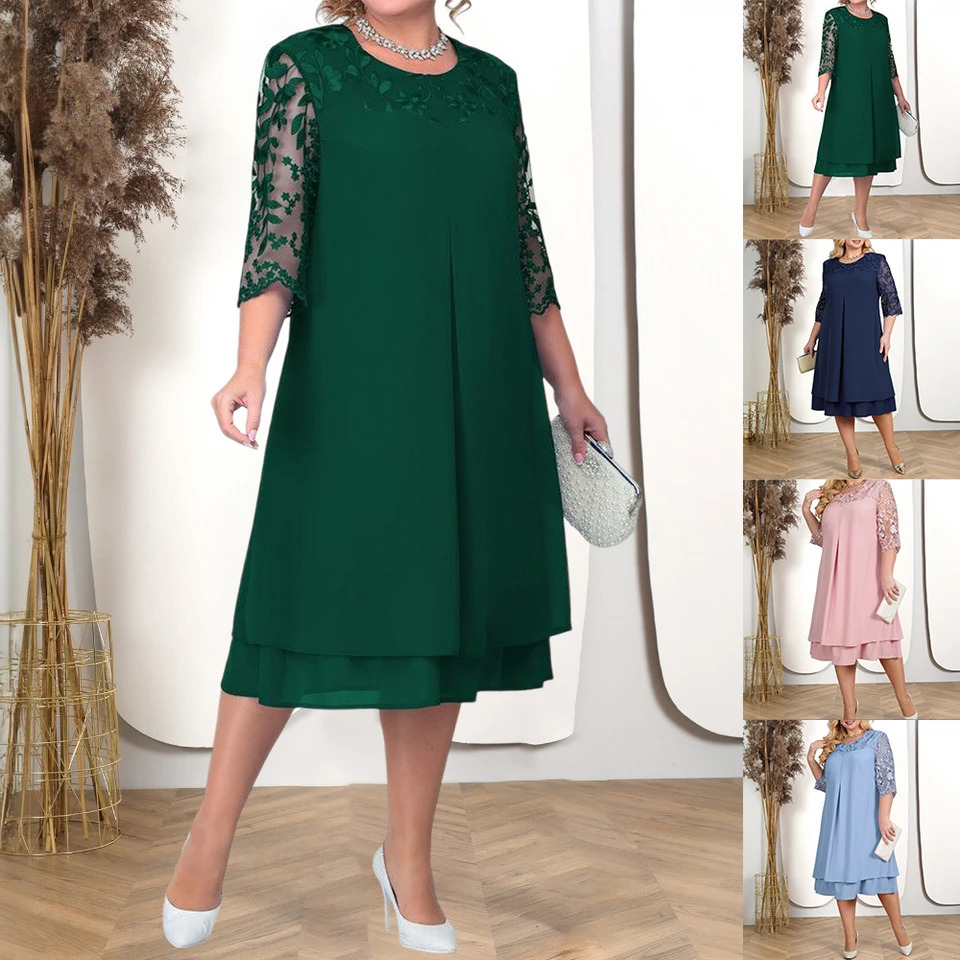 Plus Size Womens Elegant Solid Lace Chiffon Half Sleeve Midi Dress Ladies Party Cocktail Ball Gown Size XL-4XL 250520