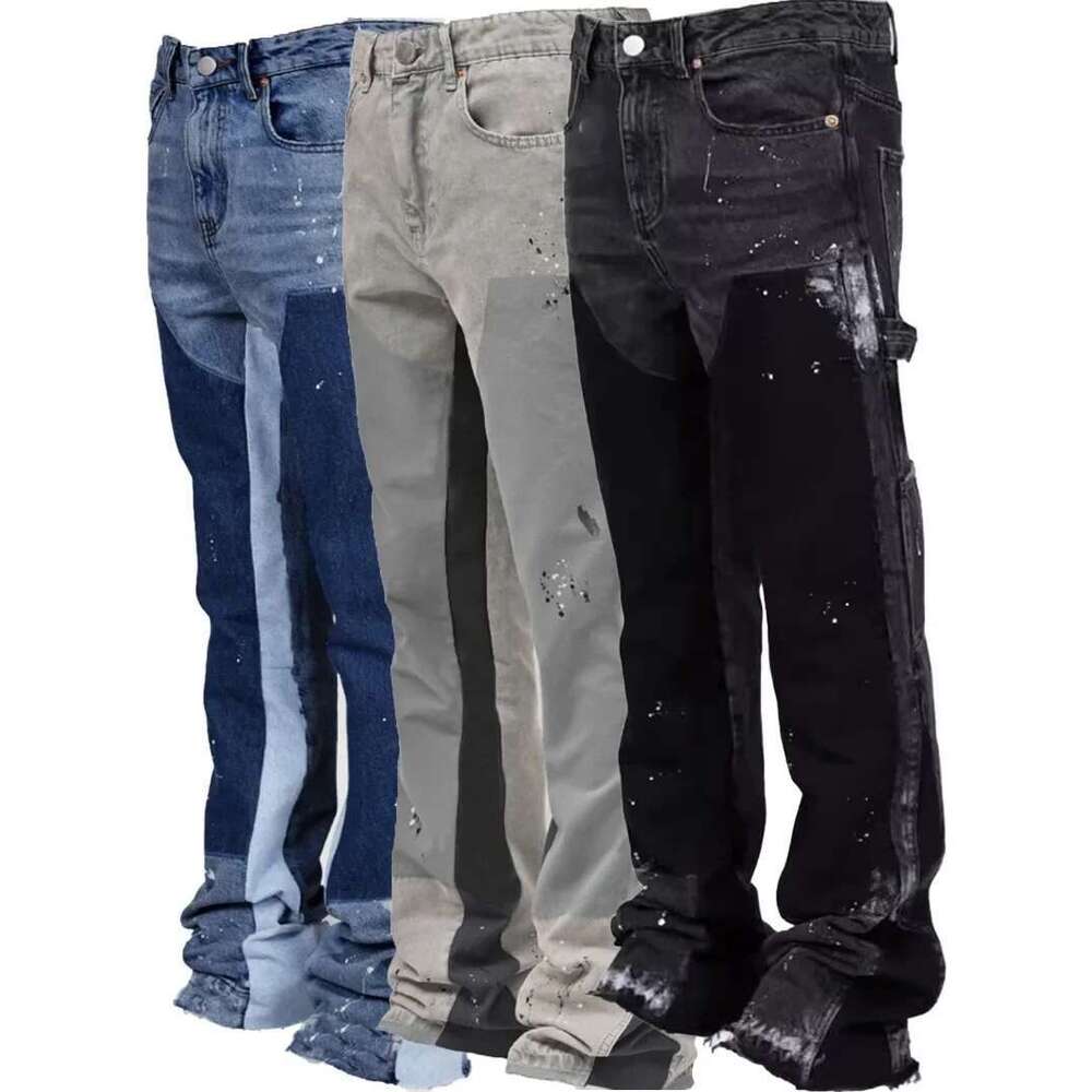 Y2k Men Painting Baggy Fashion Work Wear Popular Stretch Patch Denim Stacked Flare Jeans Pants