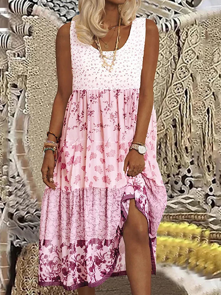Plus Size Casual Womens Midi Dress Summer Floral Printed Sleeveless Flat Neck A-Line Bohemian Beach Dresses 250520