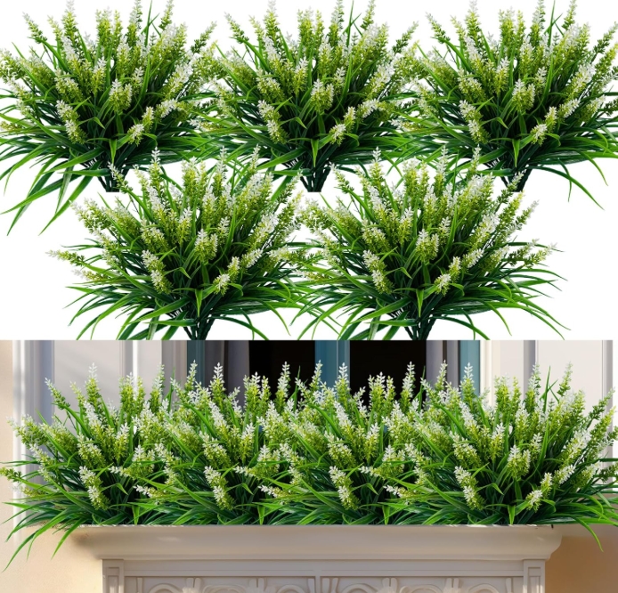 Artificial Flowers for Outdoor Plants 24 Bundles Fake Lavender Plastic Faux Monkey Grass for Verandah Window Garden Office Patio
