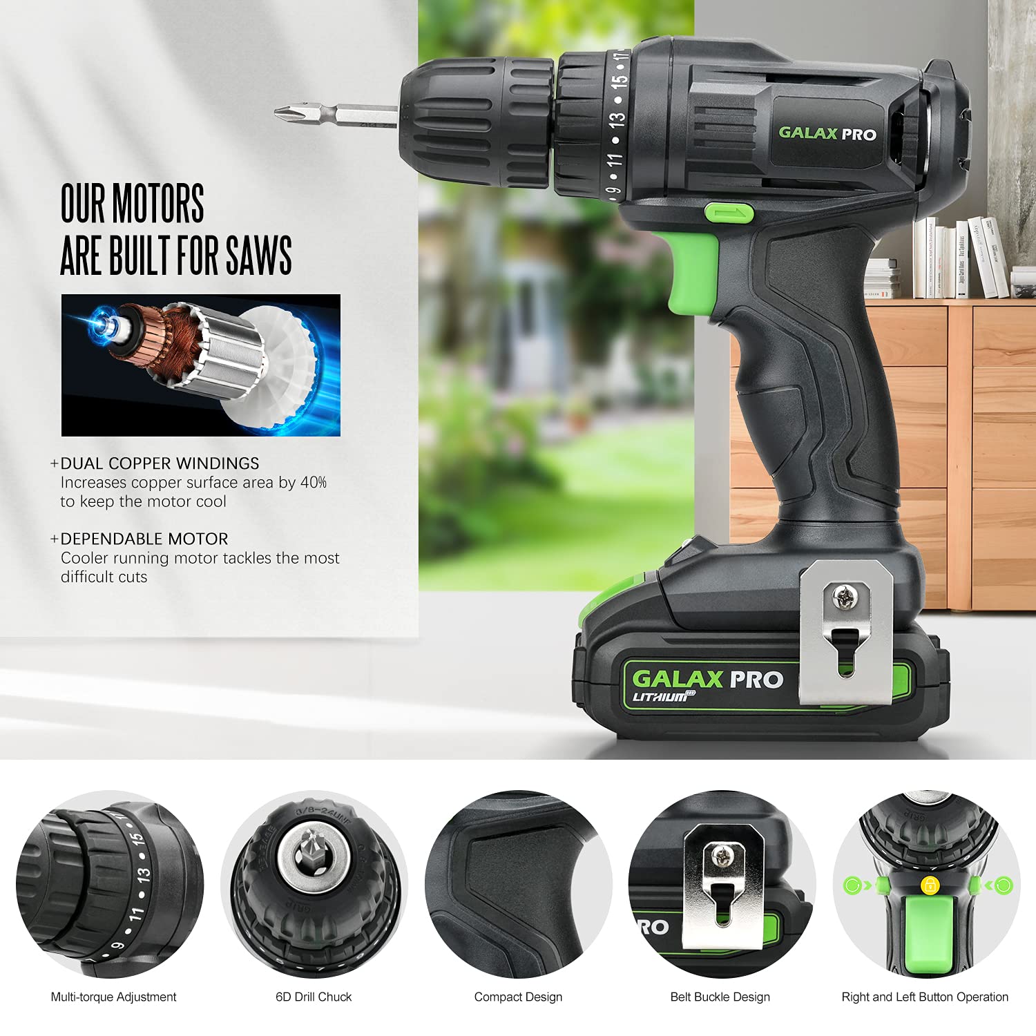 GALAX PRO Cordless Drill Driver 20V 1.3Ah Battery Power Drill Driver with Single Speed 0-600RPM 3/8 Inch Keyless Chuck 19+1 Position with Battery and 