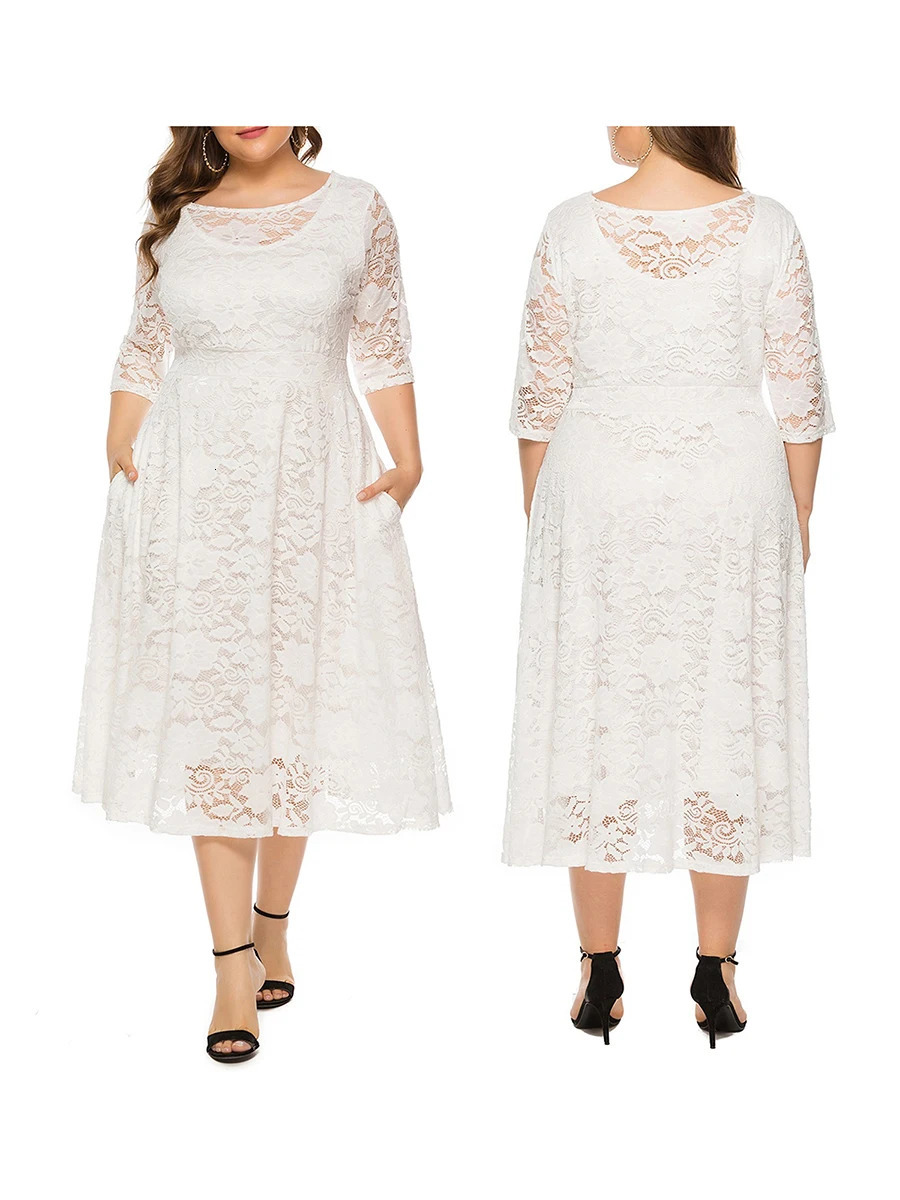 Elegant V-Neck A-Line Dress with Floral Lace Overlay and Pockets Perfect for Beach Parties and Evening Events in Plus Size 250520