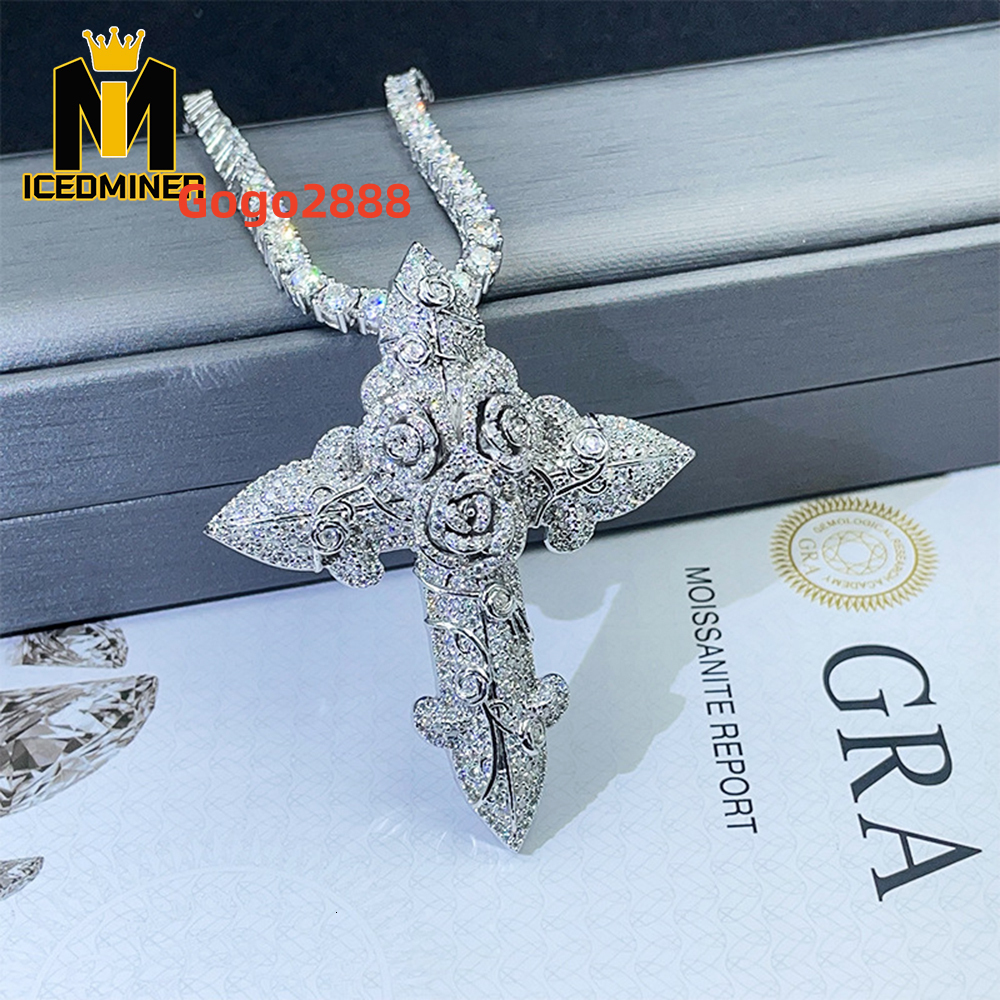 Fashion Moissanite S925 Cross Pendants Necklace Iced Out Necklaces for Men Pass Tester Rose Cross Moissanite Pendant Necklace