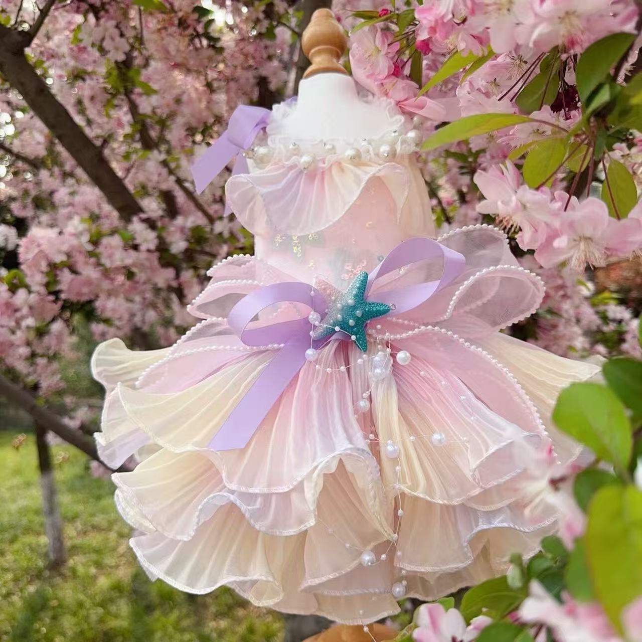 Adorable little pearl - a pink mermaid with detachable long and short versions, a beautiful trailing tail teddy bear foam pet dress