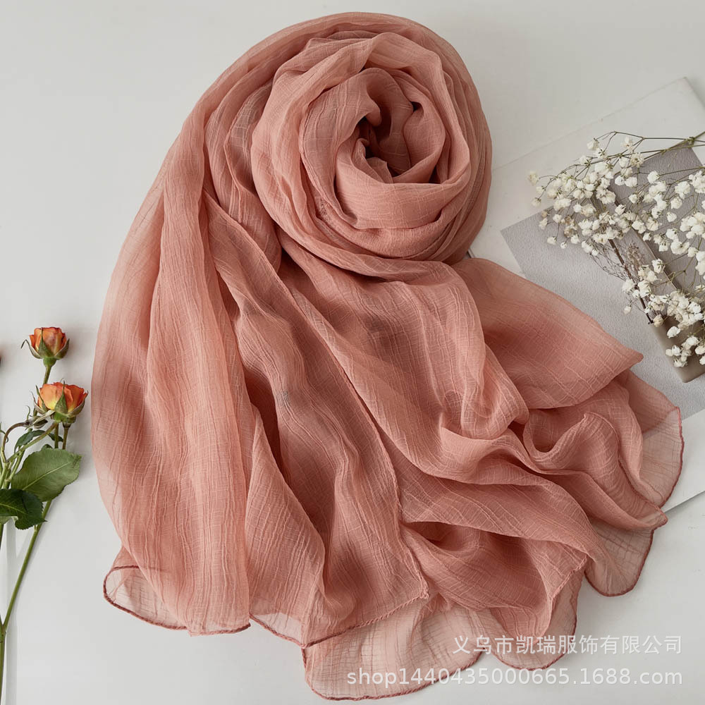 K787 Summer new pleated scarf women's super large sunscreen beach towel solid color soft retro slightly transparent skin-friendly shawl versatile