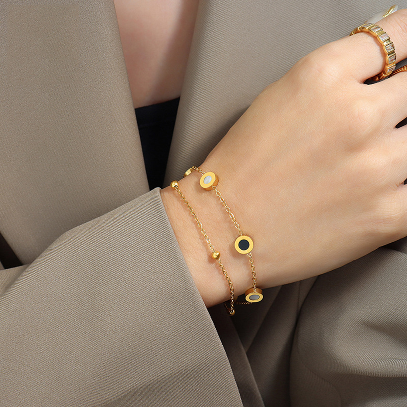 TUPMI 18K Gold Chain Bracelet for Women Girls Minimalist Stainless Steel Roman Style Cuban Chain Double Layer Link Bracelet Balance of Life Yin and Ya