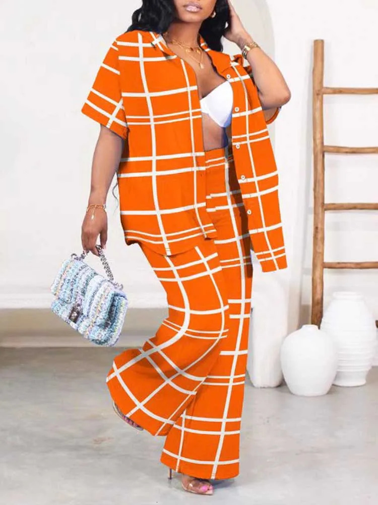 2 Piece Sets Woman Outfit Plus Size Summer Suit Plaid Cardigan Shirt and Trouser Casual Orange Pants Suits Elegant 250516Z