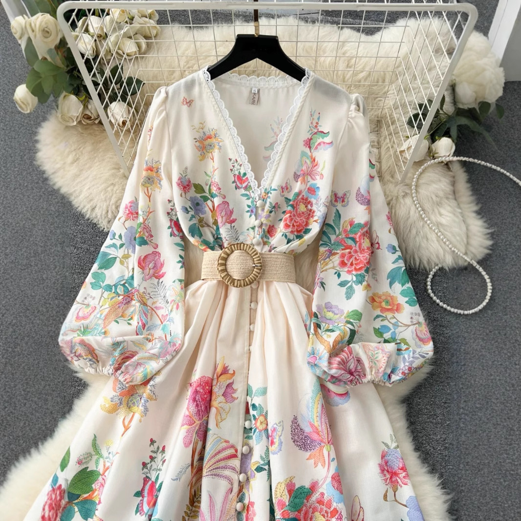Spring Fashion Holiday Flower Painting Print Dress Women Long Lantern Sleeve V-Neck Lace Hem Buttons Belted Mini Dress 6257 240819