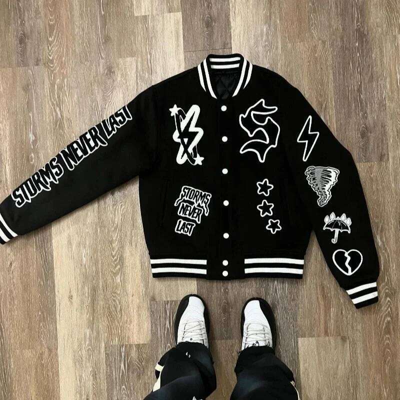 Retro Gothic Alphabet Embroidery Oversized Motorcycle Baseball Uniform Men's Y2K New Trend Haruku Hip-Hop Joker Jacket