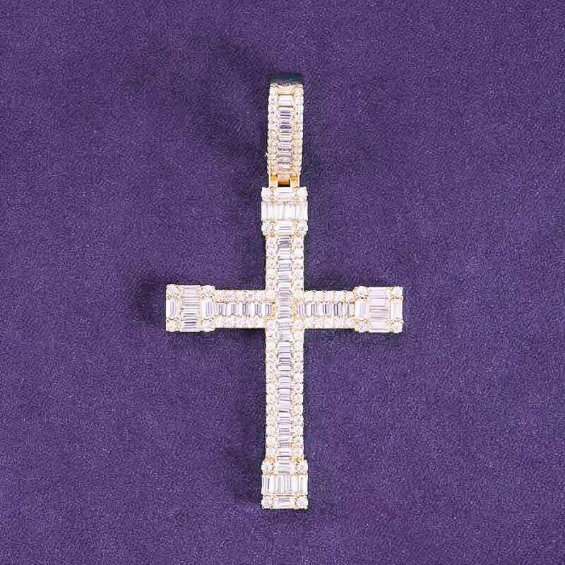 Pass Diamond Tester Hip Hop D Color Bling VVS Moissanite Baguette Cross Pendant With 925 Sterling Silver GRA Men