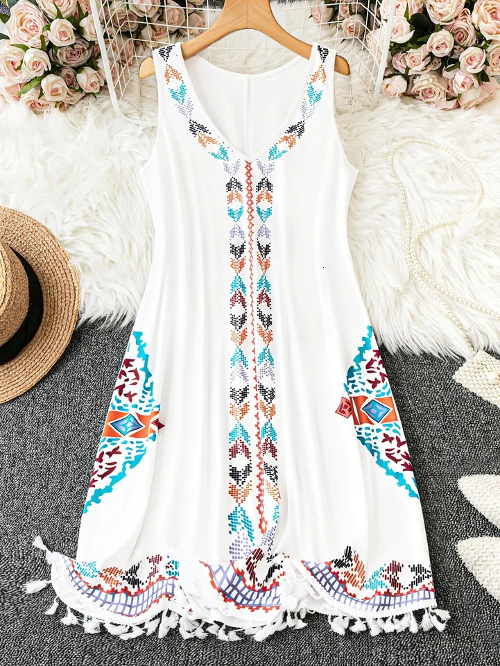 Plus Size Fashion Selection White Ethnic - Style Embroidered Sleeveless Dress Plus Size. The V - Neck with Colorf 250520