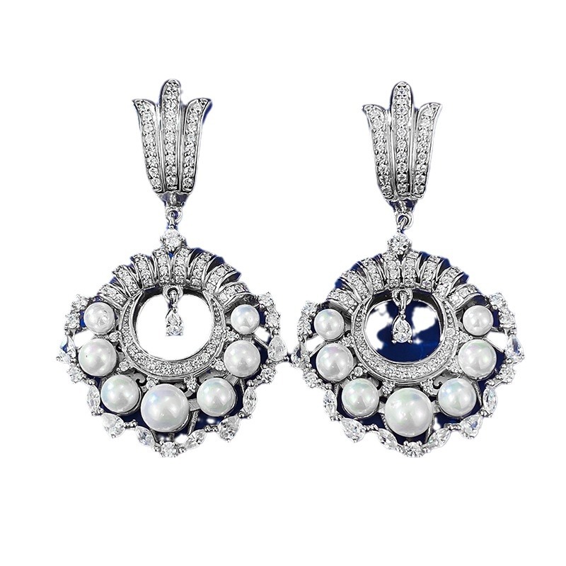 New S925 Sterling Silver French Vintage Pearl and Diamond Drop Earrings for Women, Elegant and Fashionable European Style