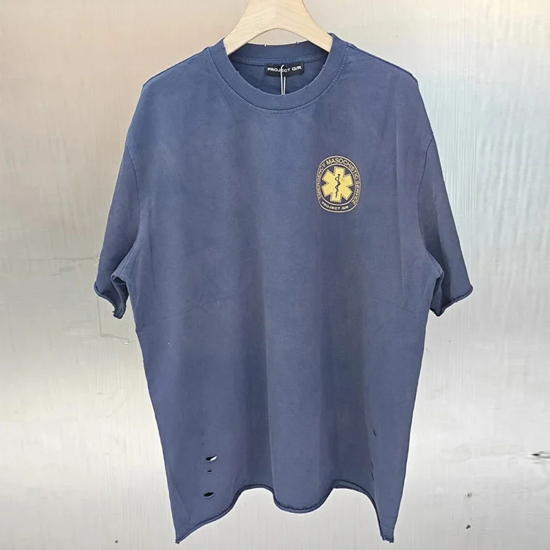 2025 Summer Streetwear Vintage Washed Blue Damaged Hole T-Shirt Men Women Cotton Oversize Logo T Shirt Tee With Tag