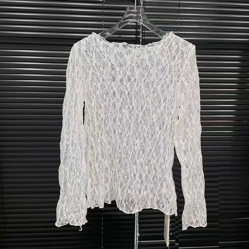 Fashion Lace Hollowed Out T-Shirt For Women Versatile Solid Color O-Neck Perspective Long Sleeve Tops Female New 11A03848
