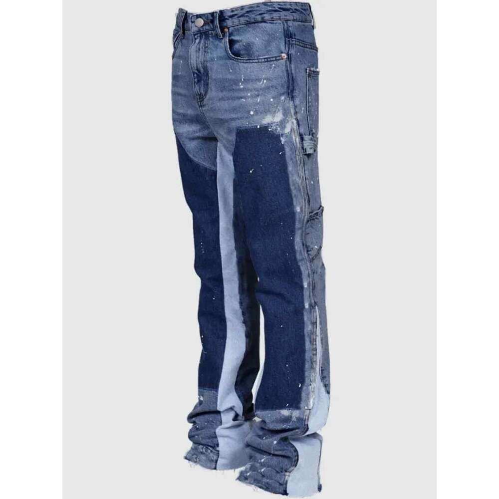 Y2k Men Painting Baggy Fashion Work Wear Popular Stretch Patch Denim Stacked Flare Jeans Pants