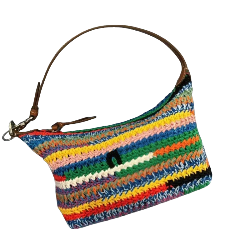 Dainty bags for women designer shoulder bag multicolor rainbow stripes underarm handbag wool thread crochet weaving purse xb226